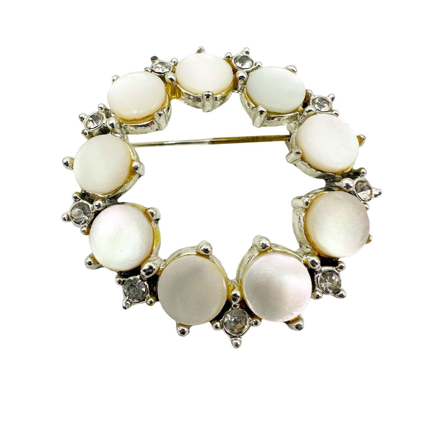 vintage silver pearlescent stones & rhinestones round BROOCH jewelry pin