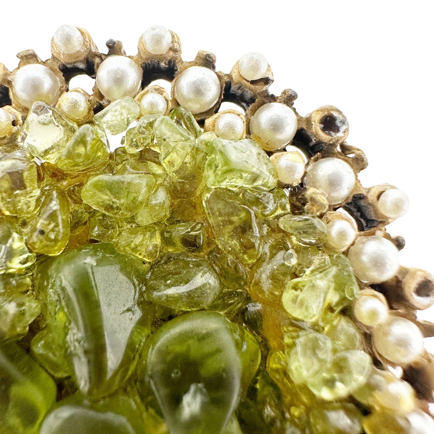 vintage faux pearls gold green stones BROOCH floral jewelry pin