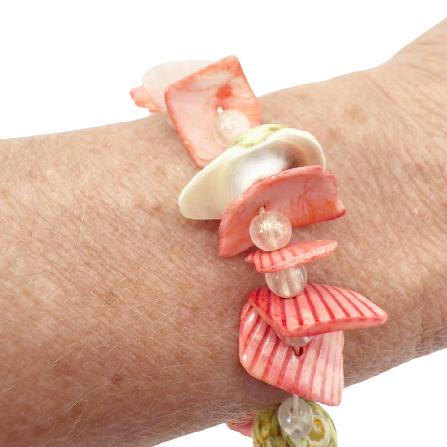 pinkish coral & green seashells with clear beads Bracelet shells beach jewelry