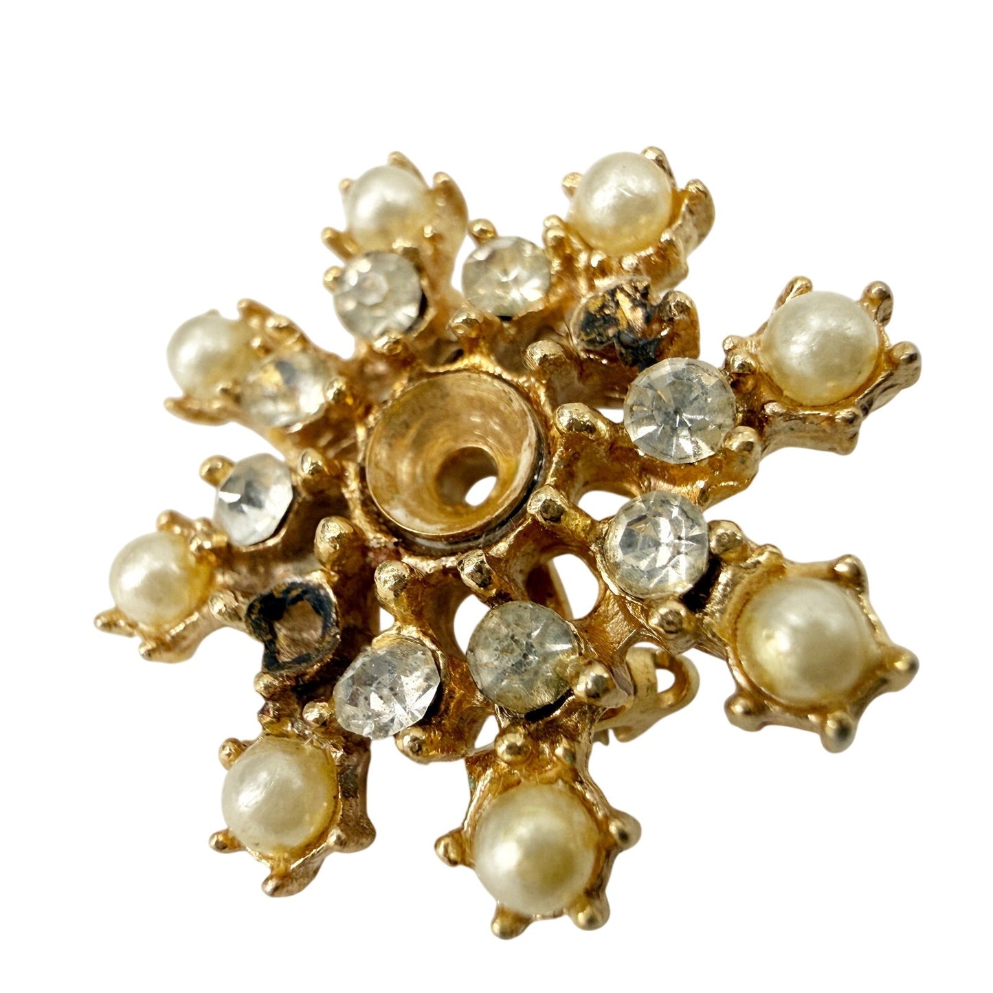 vintage gold faux pearls & rhinestones Starburst snowflake Brooch jewelry pin