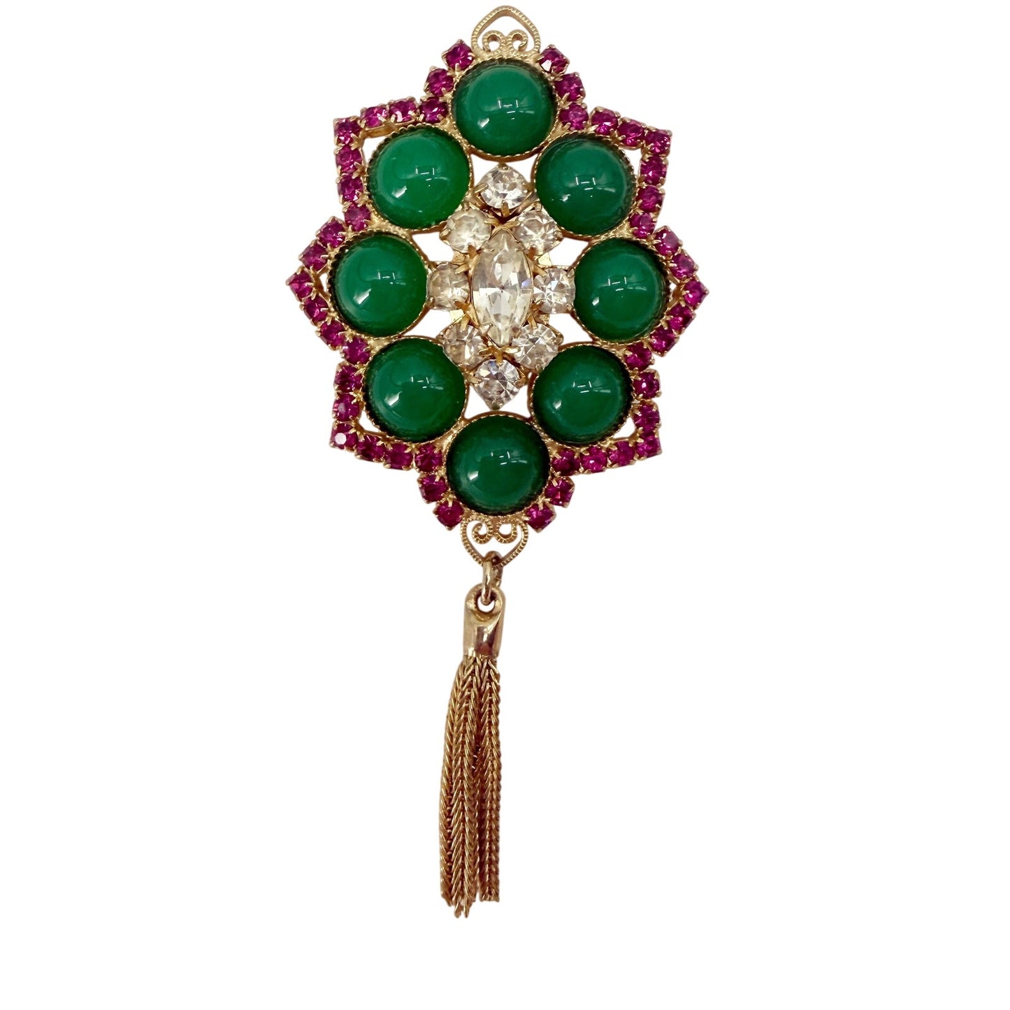 vintage Juliana D&E green purple gold BROOCH tassel dangle chain jewelry pin