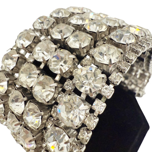 vintage 1.75" wide Rhinestone Bracelet clear iridescent stones costume jewelry