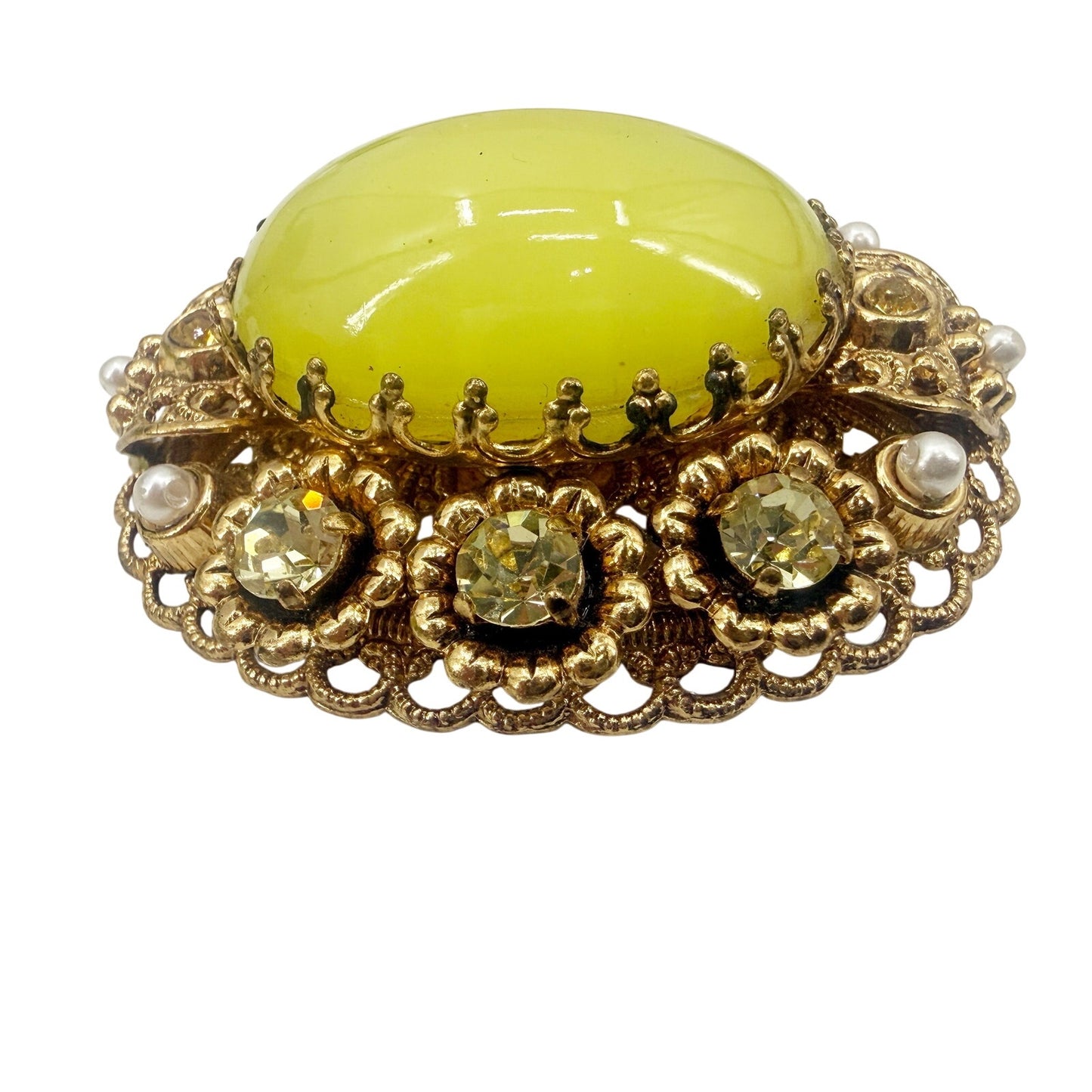 vintage West Germany yellow gold BROOCH jewelry clip EARRINGS rhinestones pearls