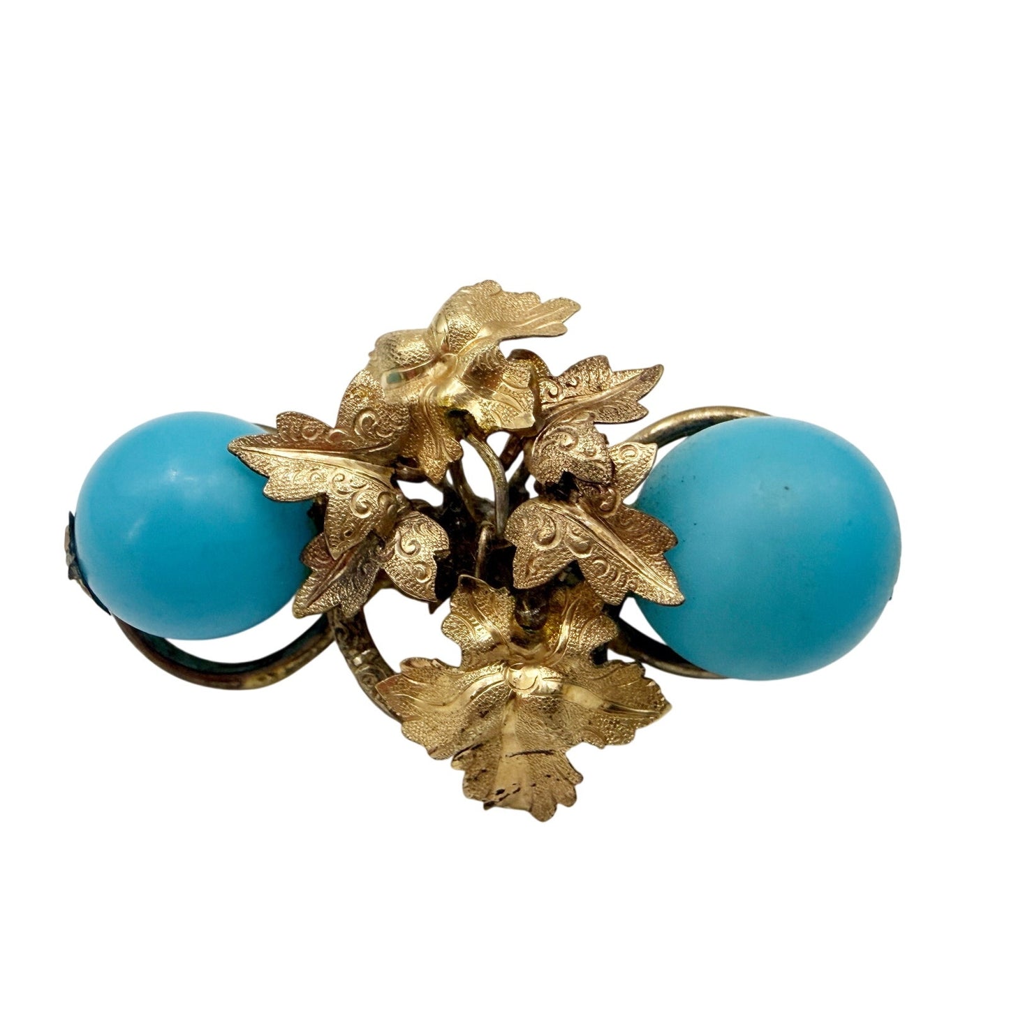 vintage gold leaf & turquoise blue beads BROOCH pendant or jewelry pin