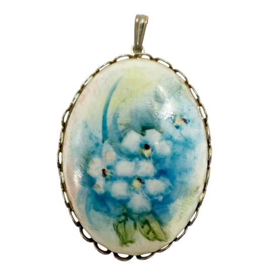 vintage blue floral hand painted Pendant for necklace oval shape costume jewelry
