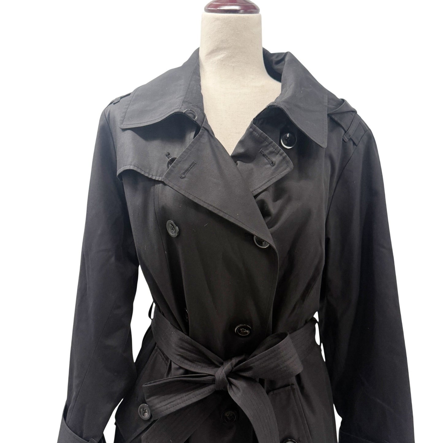 London Fog black belted Trench Coat women's 1X removable hood jacket outerwear