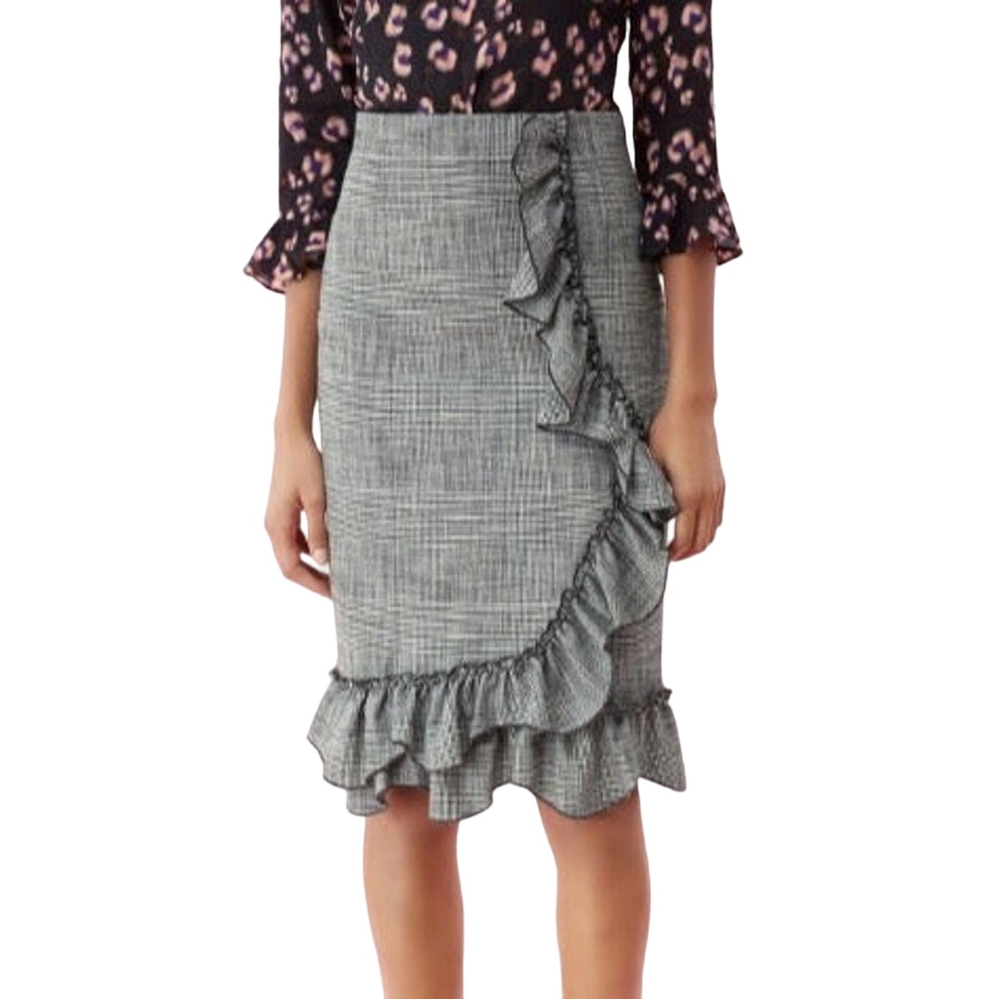 Rebecca Taylor black & white Plaid Ruffle pencil Skirt menswear size 0 new $395