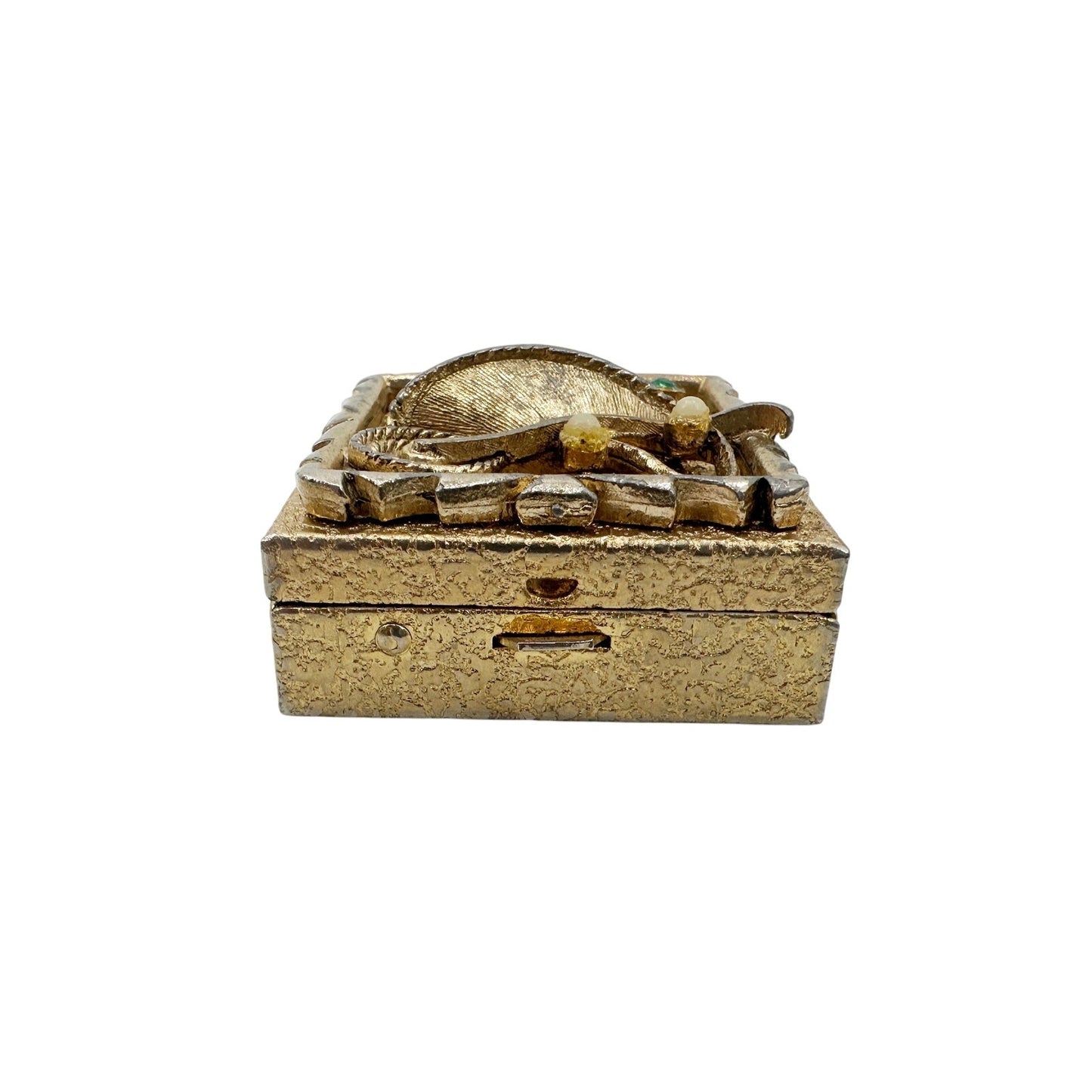 vintage gold tone metal Pill Box small size 1.5" square wheelbarrow & flowers