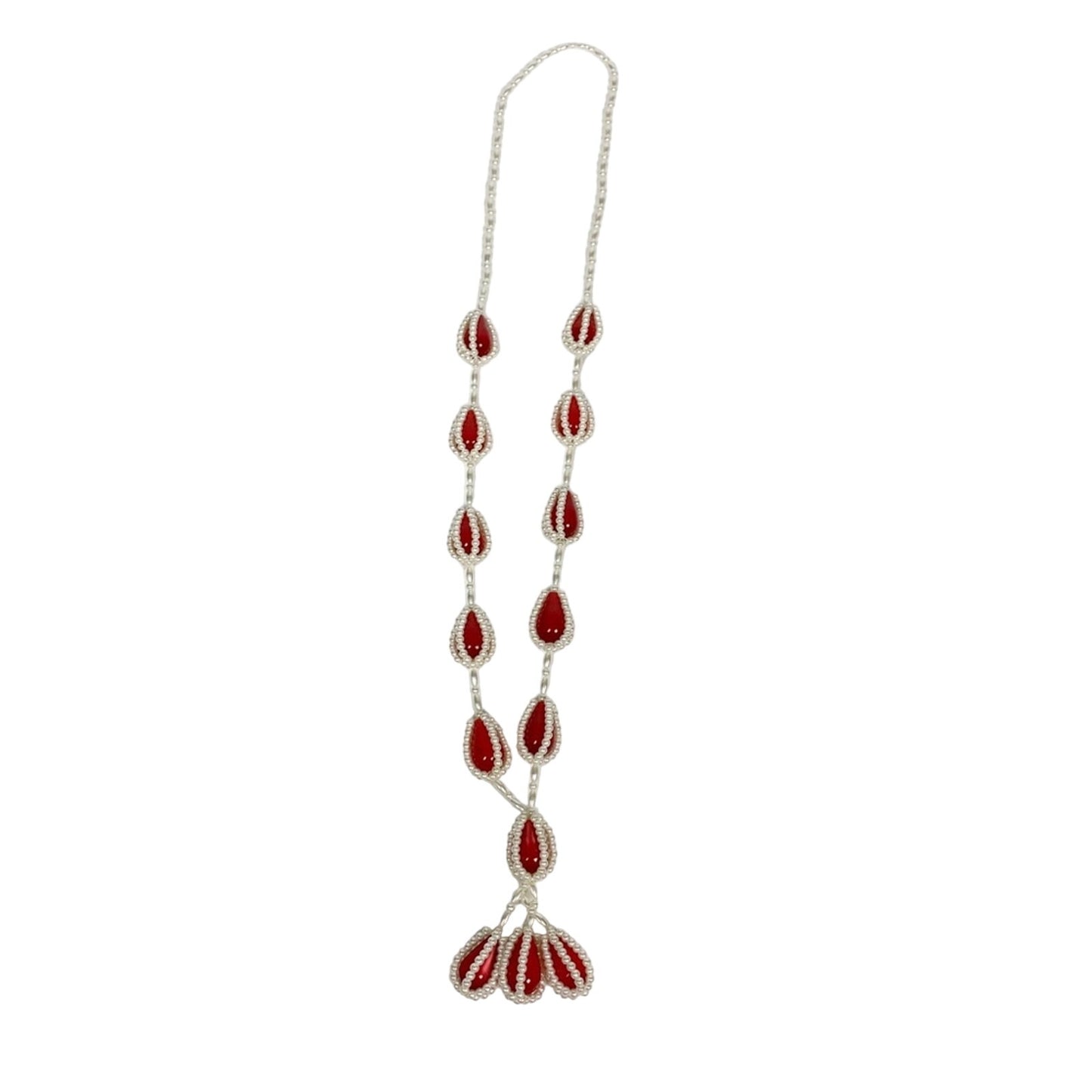 vintage faux pearl red stone 28" beaded strand tassel NECKLACE costume jewelry