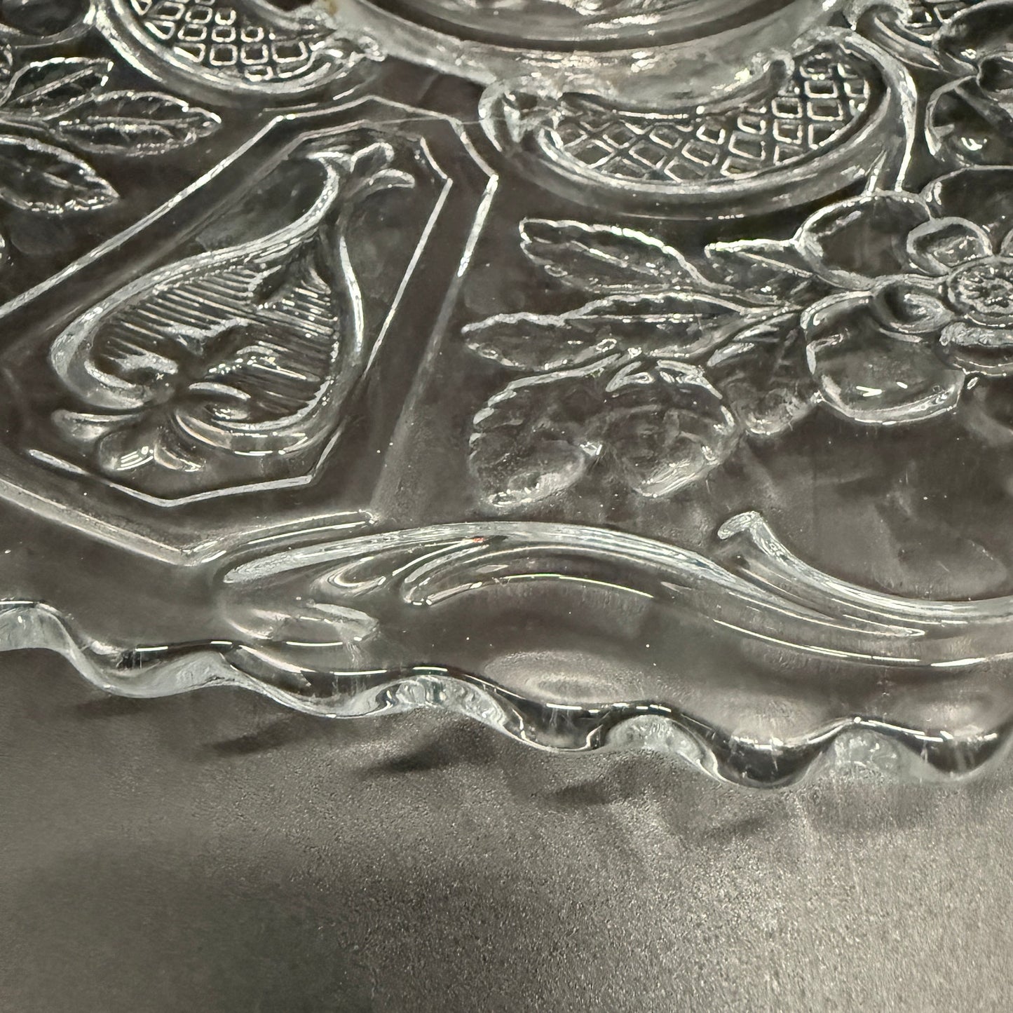 vintage 10.5" clear glass floral Cake Plate scalloped edge pressed glassware