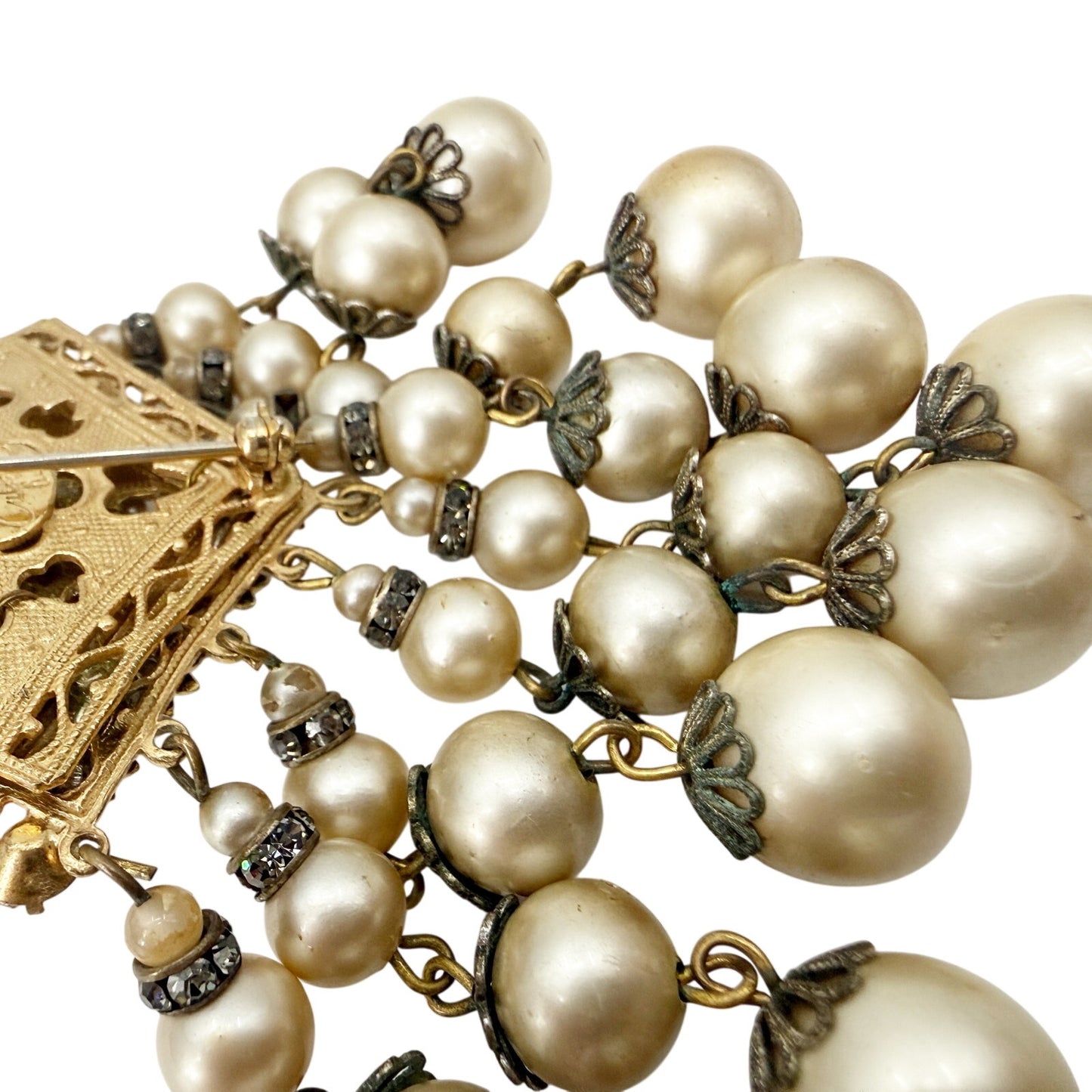 vintage Eugene gold & cascading faux pearls BROOCH floral costume jewelry pin