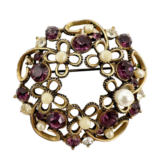vintage gold purple faux pearls rhinestones flower BROOCH floral jewelry pin