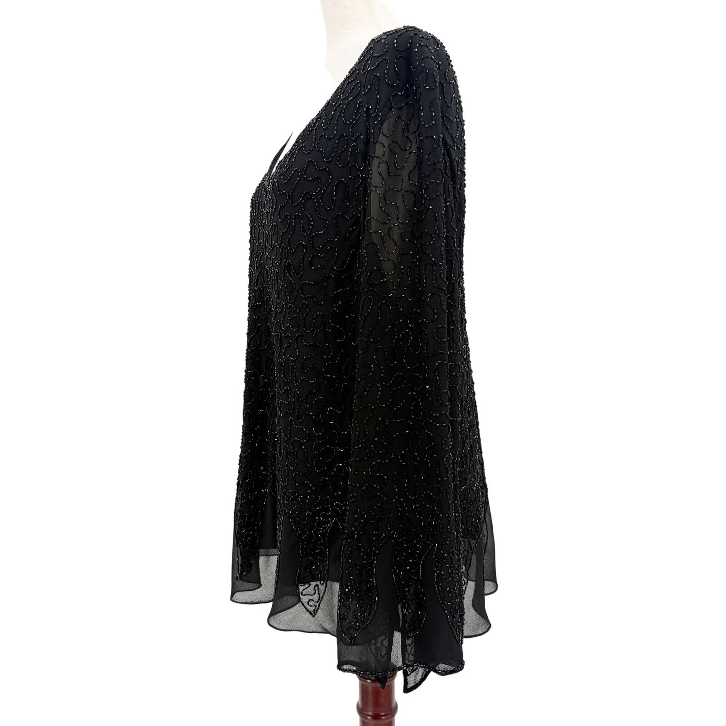 JKARA black Cocktail Beaded Top women's LARGE v-neck blouse sheer bell sleeve