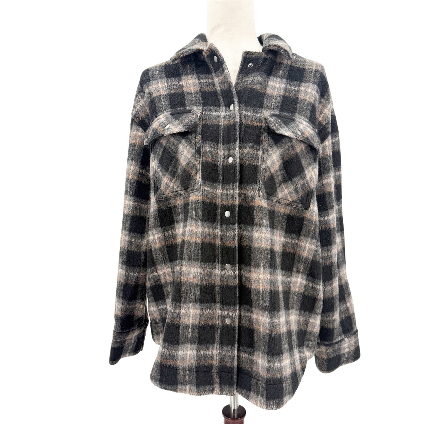 Treasure Bond black brushed Flannel Shirt Jacket womens MEDIUM shacket plaid top