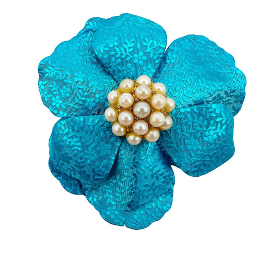 vintage metal large metallic blue flower BROOCH faux pearls floral jewelry pin