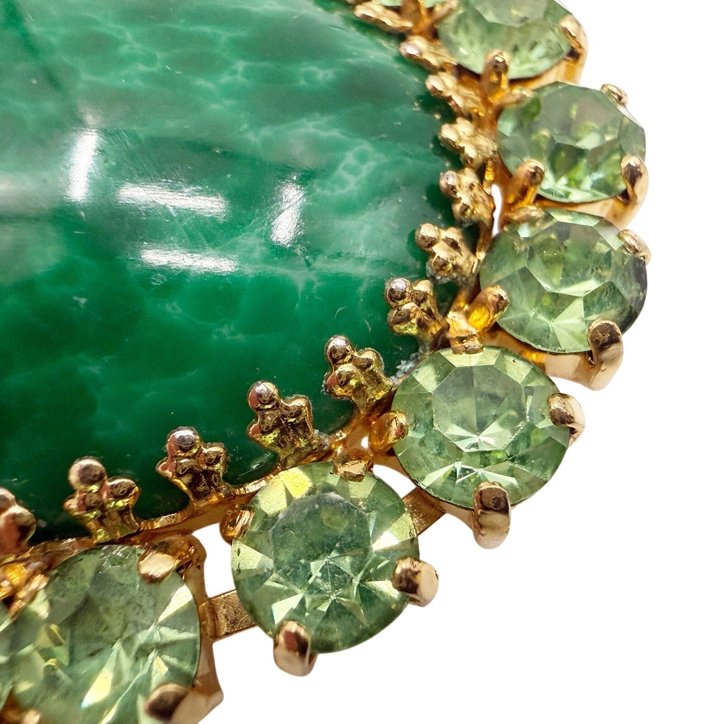 vintage green rhinestones stone & gold oval BROOCH costume jewelry pin