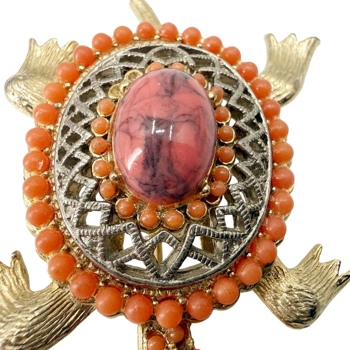 vintage orange gold pink Turtle BROOCH costume jewelry pin green rhinestone eyes
