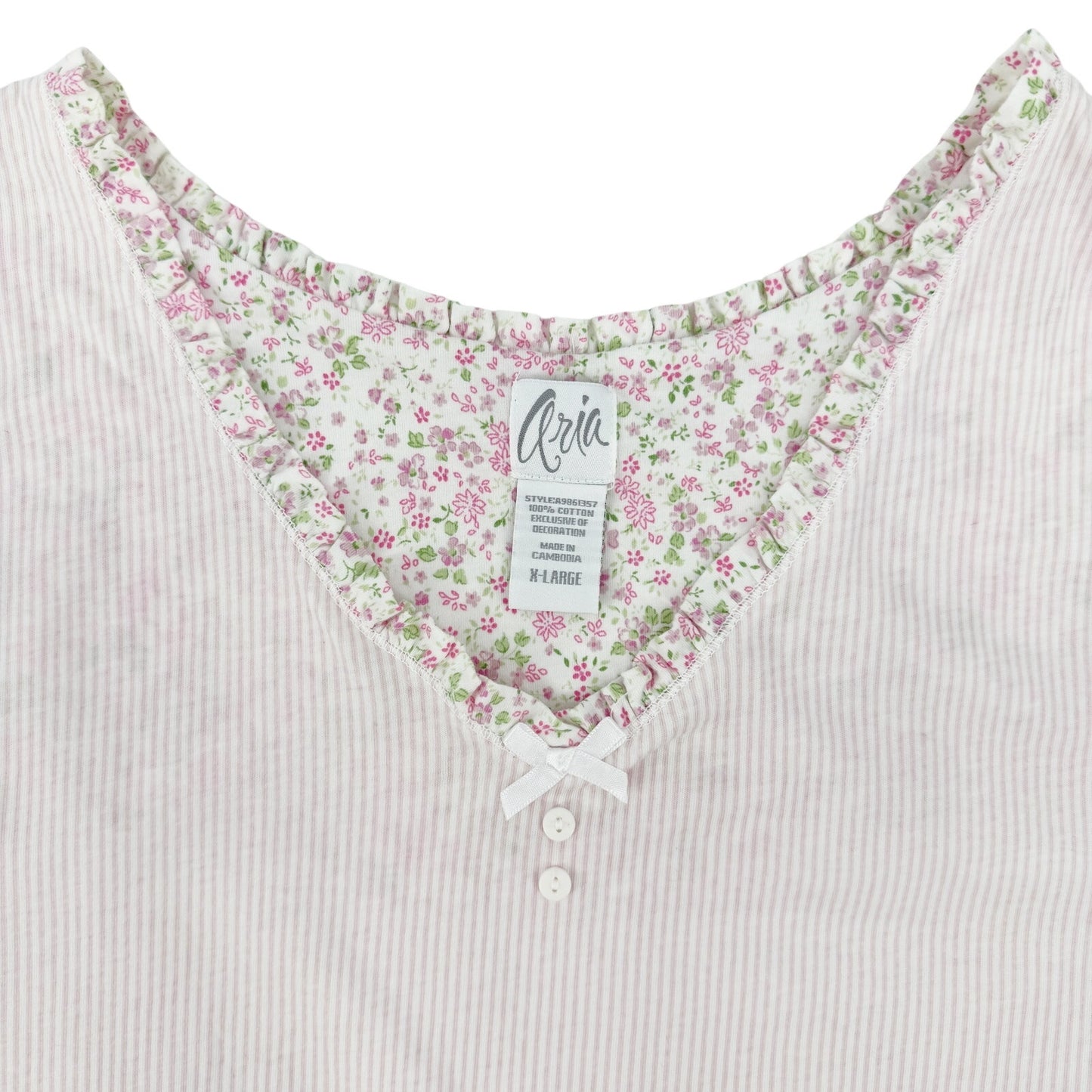 Aria pink & white stripes dainty flowers Night Gown women's XL granny sleepwear