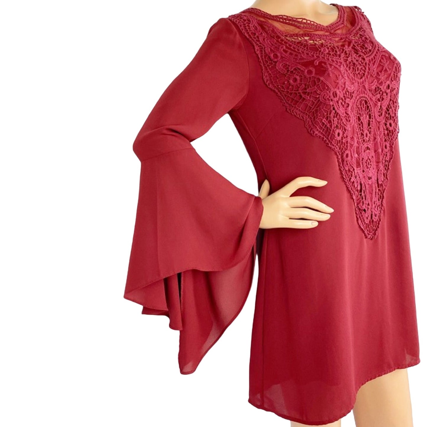 Collective Concepts Bell Sleeves Crochet Lace Front Boho Shift DRESS size SMALL
