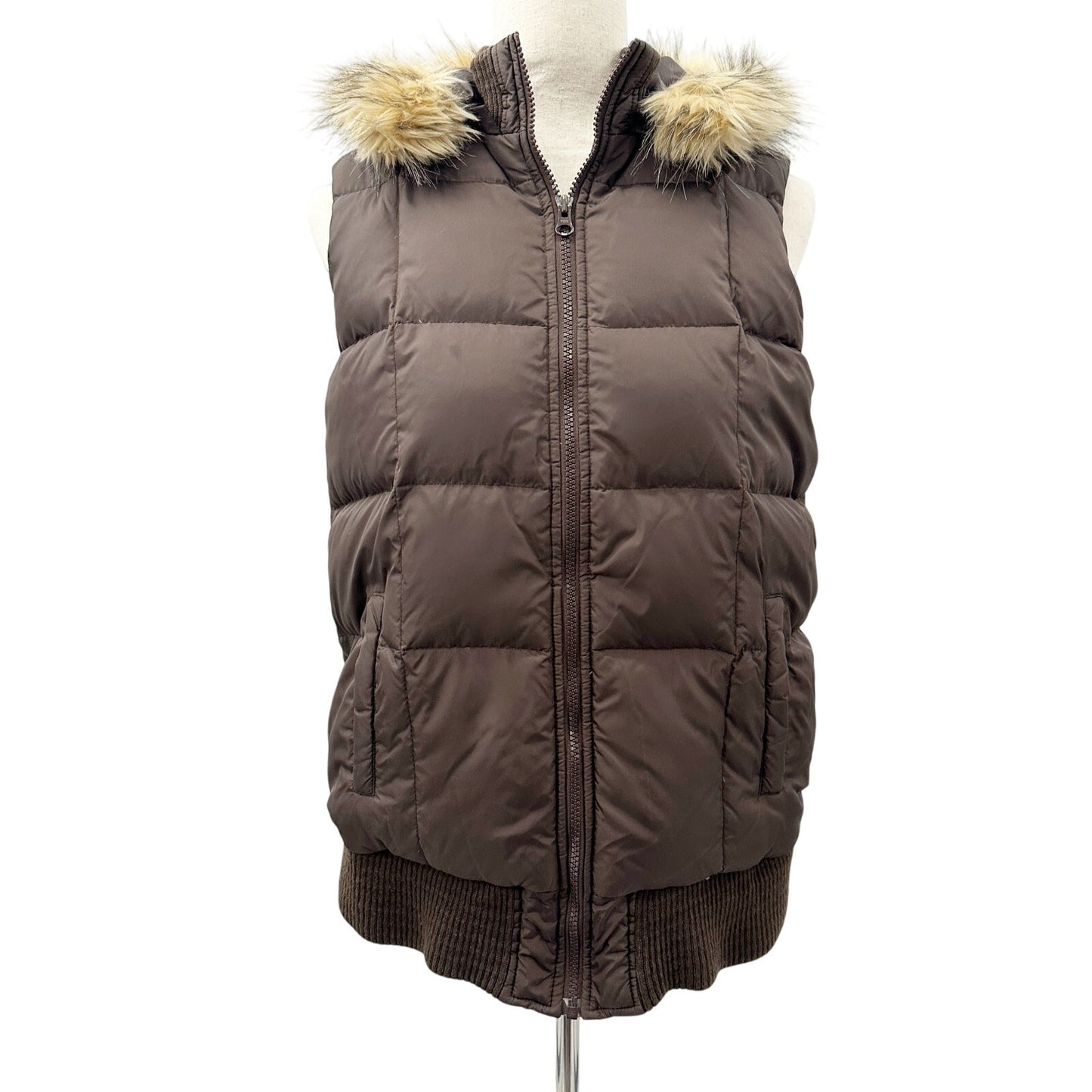 Old Navy Maternity brown puffer VEST faux fur hood size SMALL