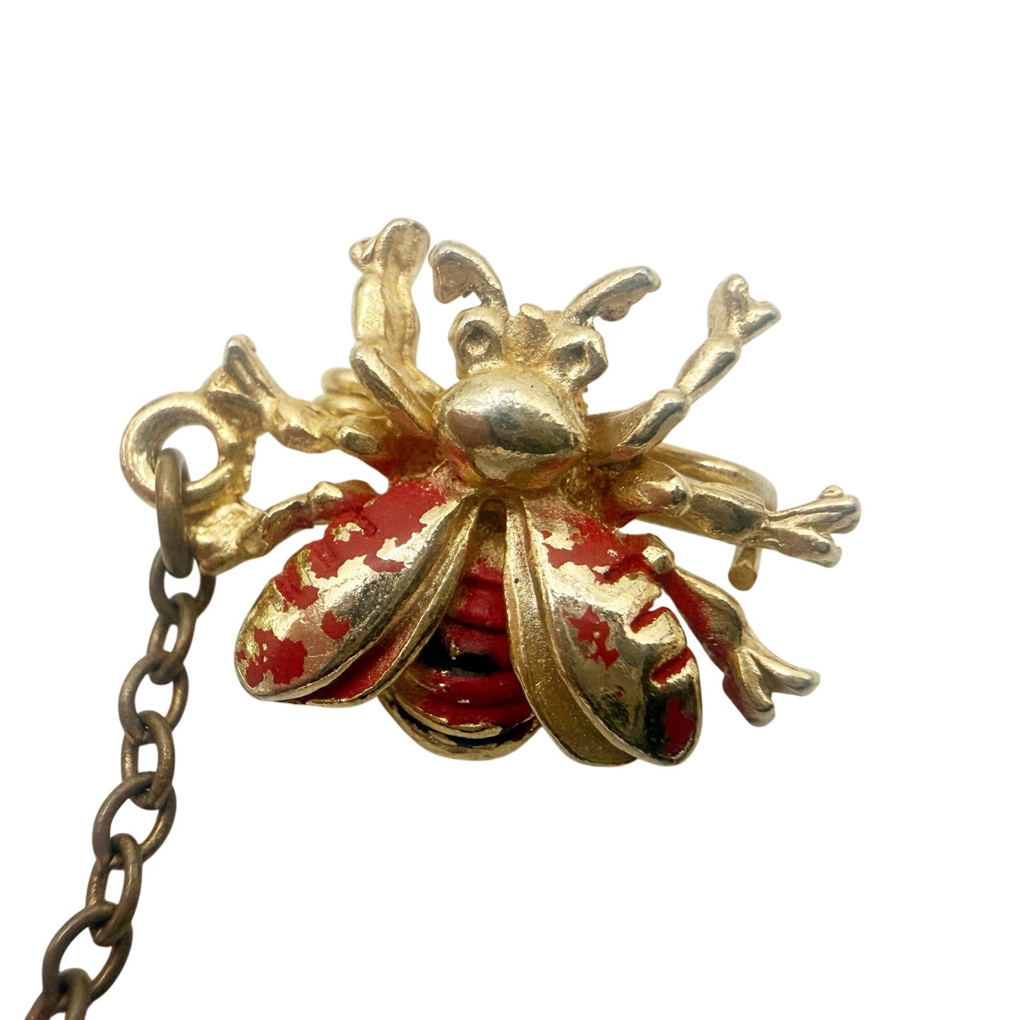 vintage pair red gold Bees bugs attached chain BROOCH insect costume jewelry pin