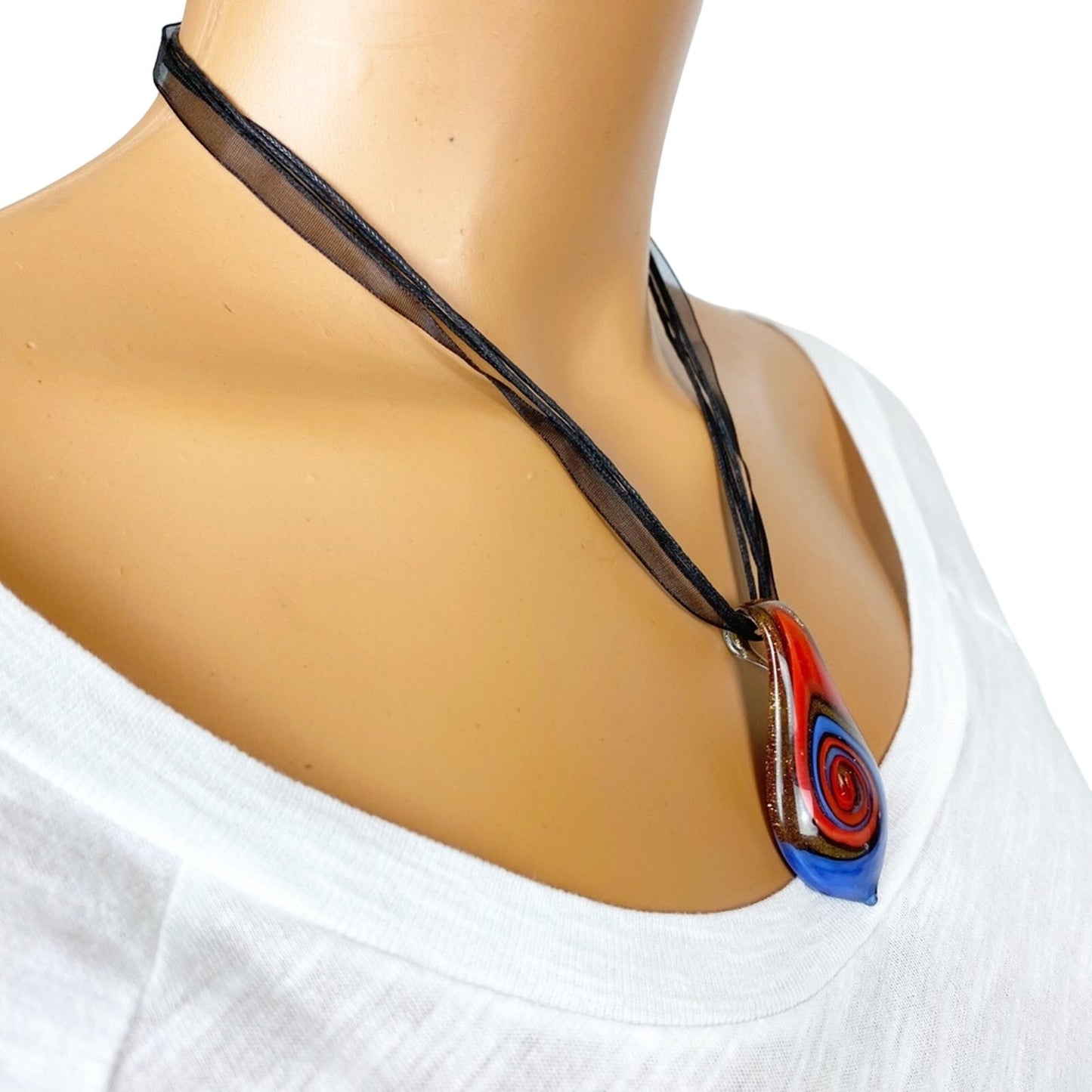 red blue & gold abstract ART black pendant NECKLACE costume jewelry 17" strand
