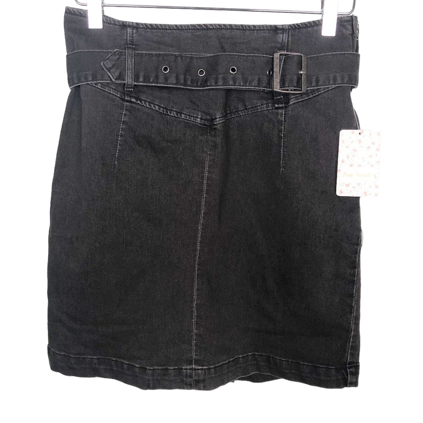 Free People black stretch denim Livin It Up Belted Mini SKIRT size 12 new $68