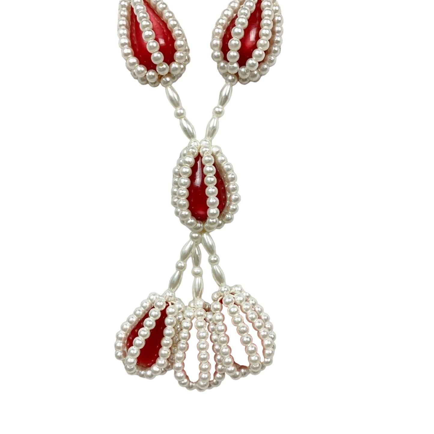 vintage faux pearl red stone 28" beaded strand tassel NECKLACE costume jewelry