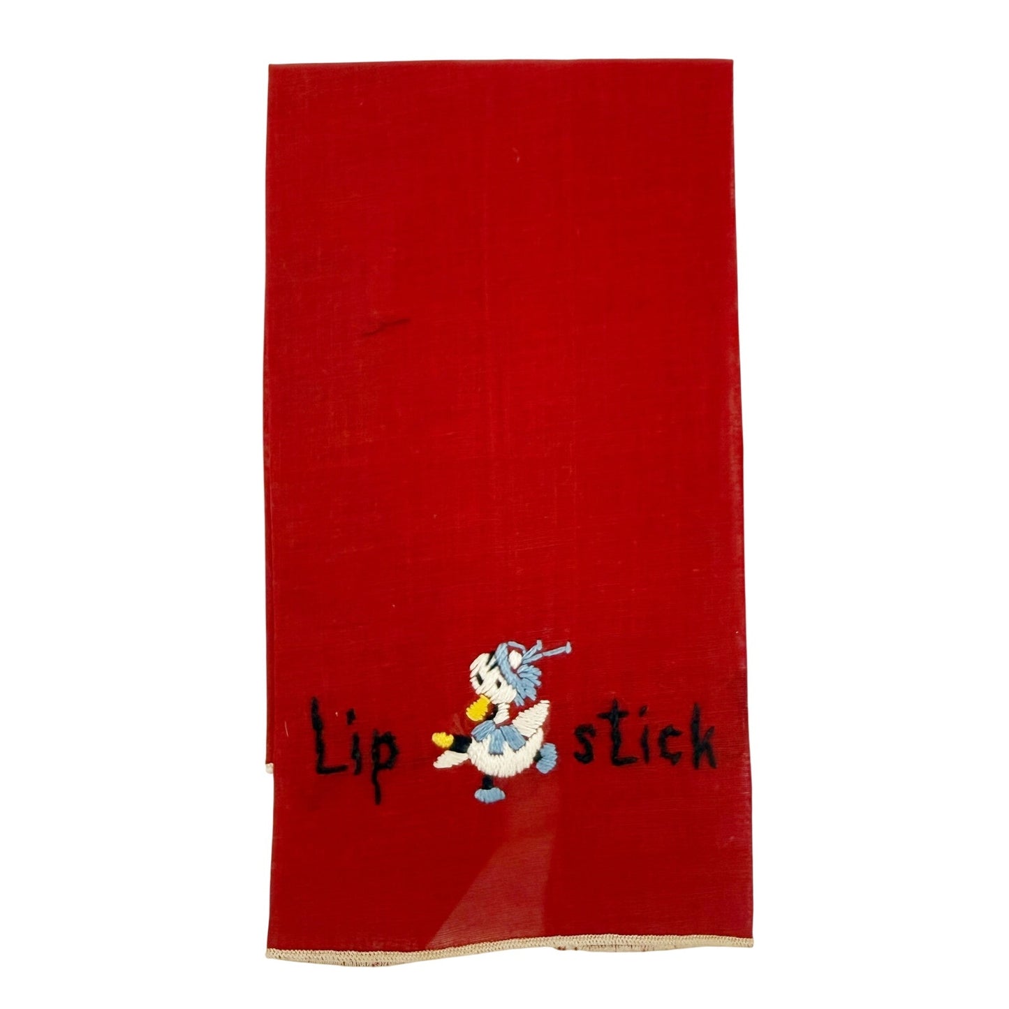 vintage red Lipstick Hanky embroidered duck with blue hat & collar 7" x 13"