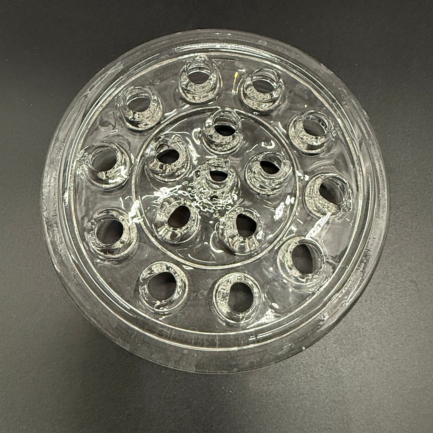 vintage 5" clear glass Flower Frog with 16 stem holes for floral arrangements