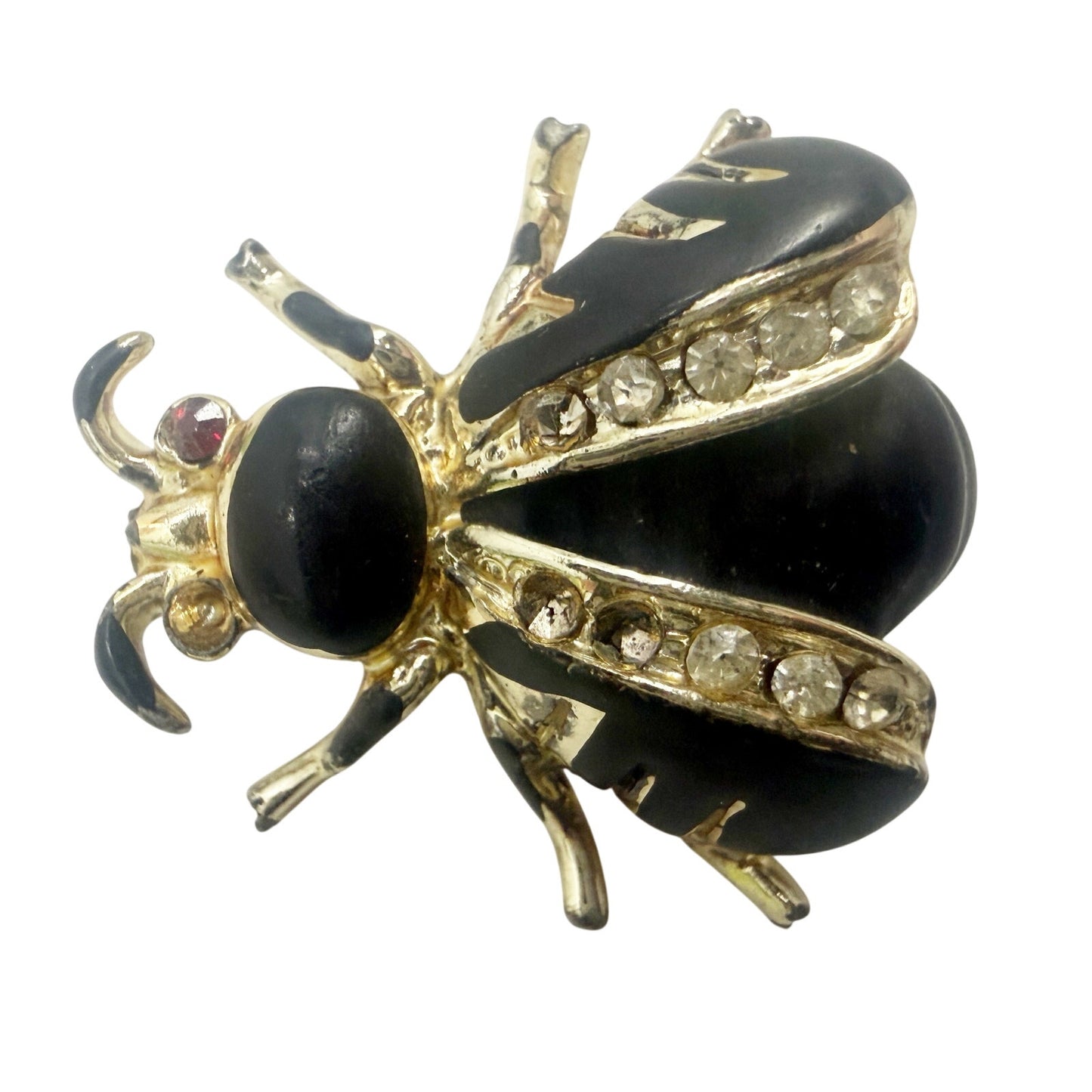 vintage black enamel & gold Bug Fly BROOCH insect jewelry pin clear rhinestones