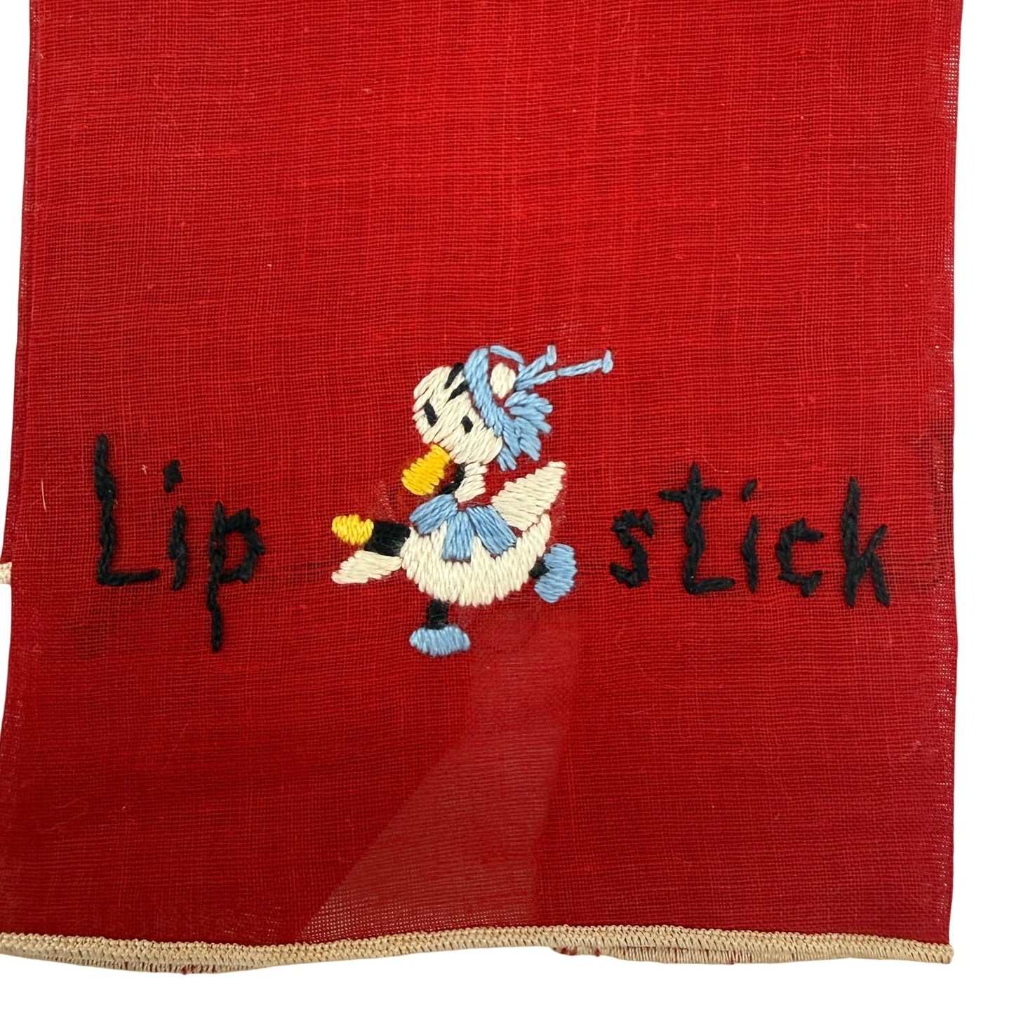 vintage red Lipstick Hanky embroidered duck with blue hat & collar 7" x 13"