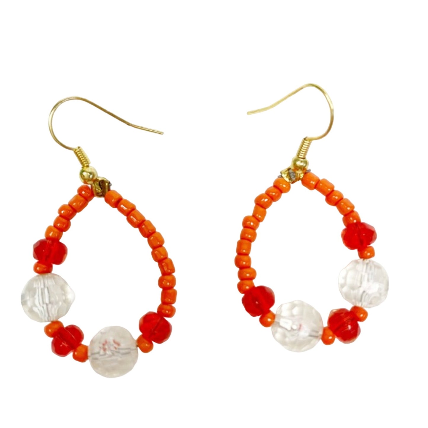 handmade orange & crystal loop beaded EARRINGS jewelry NEW vintage beads